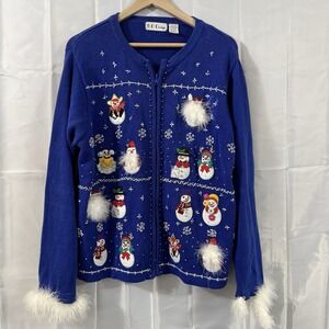 Ugly Christmas Sweater womens XL Zip Cardigan Blue snowman embroidered feathers*